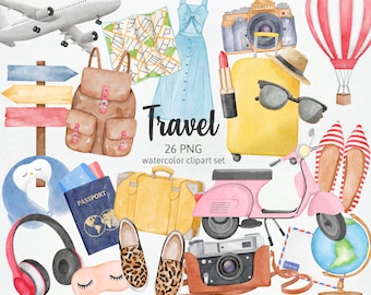 Travel Holiday Collection, Luggage Backpack Airplane Sunglasses Globe Travelling Adventure Trip Watercolor Cliparts PNG, Commercial Use
