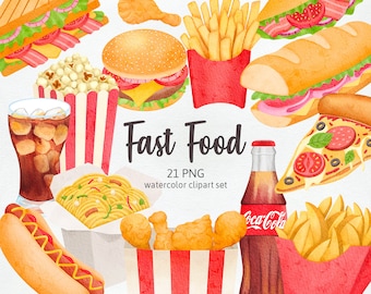 Fast Food Comfort Food, Bevanda analcolica Cola, Hot Dog Pizza Patatine fritte Pop Corn Pepite di pollo fritto Acquerello PNG, Uso commerciale