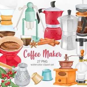 Coffee Maker, Capsule, Manual Coffee Grinder, Espresso Coffee Machine Italian Style, Coffee Filter Watercolor Digital PNG Commercial Use