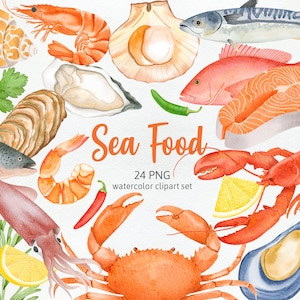 Festin de fruits de mer, homard, crustacés, huîtres, calmars, crevettes, cuisine, livre de cuisine, magazine, menu de restaurant, aquarelle, cliparts PNG, utilisation commerciale