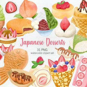 May include: Watercolor illustration of various Japanese desserts, including ice cream, mochi, taiyaki, and shaved ice. The image features the text "Japanese Desserts" and "31 PNG watercolor clipart set."