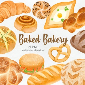 Bread Bakery Supplies, Bread Rolls Bun Croissant, Food illustration, Baguette Pretzel Cute Cinnamon Cliparts Deco Digital PNG Commercial Use