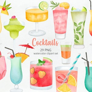 Cocktail Holiday Clipart, Alcohol Drinks, Beers Punch, Champagne, Martini, Gin Tonic Hand-drawn Watercolor Cliparts PNG, Commercial Use