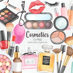 Beauté cosmétique, make up addict, rouge à lèvres fond de teint en poudre, parfum ombre à paupières mascara pinceau aquarelle Clipart PNG à usage commercial