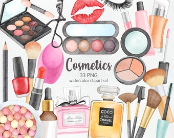 May include: A watercolor illustration of various cosmetics, including eyeshadow palettes, lipstick, nail polish, perfume bottles, brushes, and a makeup sponge. The illustration is labeled "Cosmetics 33 PNG watercolor clipart set".