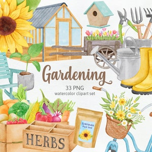 Gartenarbeit Frühling Gartenpflanzen, Sonnenblumensamen Gartenwerkzeuge Topfpflanzen Gemüse Fahrrad Handgezeichnet Aquarell Cliparts PNG, kommerzielle Nutzung