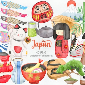 Japan Traditional Culture, Japanese Doll, Travel Vacation Asia, Mount Fuji, Green Tea, Soy Sauce Watercolor Cliparts PNG, Commercial Use