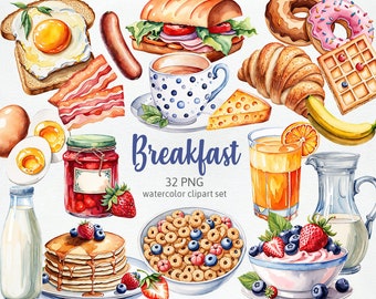 Breakfast Toast Eggs, Pancakes Bread Breakfast Clipart Brunch Clipart Food Restaurant Menu clipart Watercolor Cliparts PNG, Commercial Use