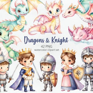 Bundel middeleeuwse stad, aquarel middeleeuwen, ridderkasteel, prinsesdraak, fantasie middeleeuwse clipart png, babyshower Cliparts