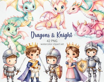 Puede incluir: Conjunto de imágenes prediseñadas de acuarela con dragones y caballeros. La imagen incluye varios dragones coloridos con alas y un grupo de caballeros y una princesa. También se incluye el texto "Dragons & Knight" y "42 PNG watercolor clipart set".