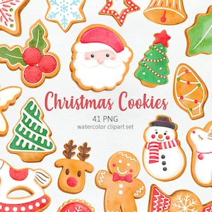 Op de afbeelding: Een verzameling aquarel kerstkoekjes in verschillende vormen, waaronder een kerstman, een kerstboom, een sneeuwpop en een peperkoekmannetje. De afbeelding bevat de tekst "Christmas Cookies" en "41 PNG watercolor clipart set."