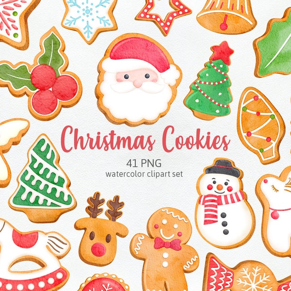 Christmas Cookies, Baked Xmas Cookie, Santa Claus Gingerbread man Tree, Biscuits Cute Decoration, Watercolor PNG Clipart, Commercial Use