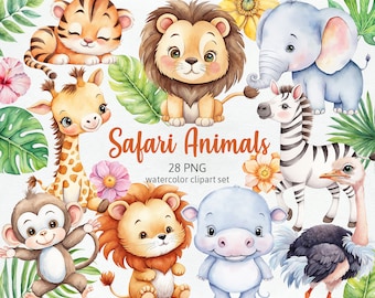 Safari Animals Jungle, Woodland Animals, Kids Clipart Nursery Decor, Nursery Clipart, Tropical Watercolor Cliparts PNG, Commercial Use