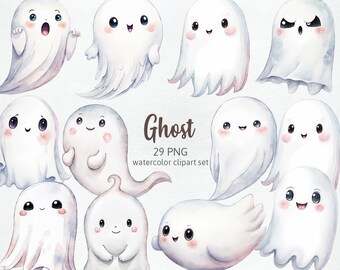 Cute Little Ghost, Adorable Kids Halloween Ghost White Cloth, Kawaii Ghost, Spooky Boo Nursery Watercolor Cliparts PNG, Commercial Use