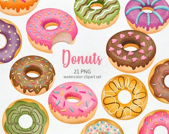 Donuts clipart, zoete bakkerij eten clipart, donut verjaardagsfeestje illustraties, zomer cliparts voor baby shower gebak handgetekende aquarel