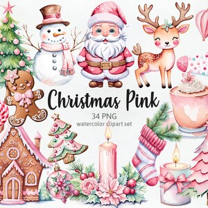 May include: Watercolor clipart set featuring Christmas-themed illustrations in pink. Includes Santa Claus, a snowman, a reindeer, a gingerbread house, a Christmas tree, and other festive elements. The text "Christmas Pink" is displayed.