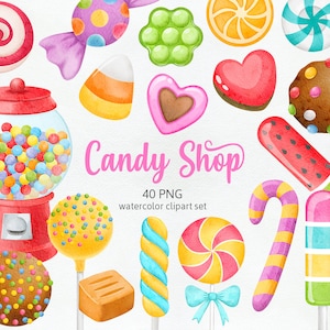 Watercolor Candy Shop Clipart, Cute Candy Graphics Hand-drawn, Lolly Sweet Tooth Cute Decoration, Cliparts Deco Digital PNG Commercial Use