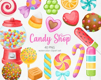 Watercolor Candy Shop Clipart, Cute Candy Graphics Hand-drawn, Lolly Sweet Tooth Cute Decoration, Cliparts Deco Digital PNG Commercial Use