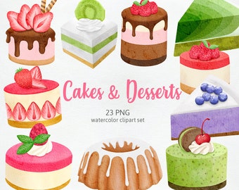 Small Cute Watercolor Cake and Desserts Decoration, Sweet Tooth Birthday Cakes Slice Fruit Chocolate Cliparts Digital PNG Commercial Use