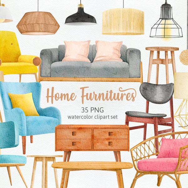 Furniture Home Deco, Sofa Armchair, Interior Design Cozy Home Living Room Designer Chairs Hand-drawn Watercolor Cliparts PNG, Commercial Use
