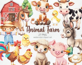 Cute Farm Animals Graphics, Farmhouse Barn, Tractor, Cow, Horse, Pig, Sheep, Hen, Duck, Chicken, Watercolor Cliparts PNG, Commercial Use
