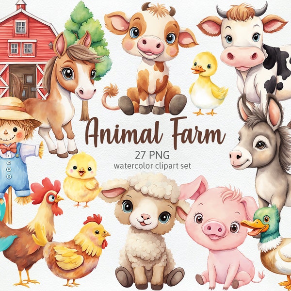 Cute Farm Animals Graphics, Farmhouse Barn, Tractor, Cow, Horse, Pig, Sheep, Hen, Duck, Chicken, Watercolor Cliparts PNG, Commercial Use