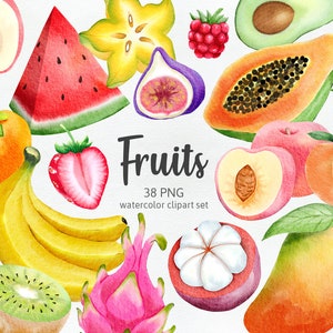 Fresh Fruits Apple Strawberry Blueberry Dragon Fruit Banana Mango Watermelon Kiwi Peach Avocado Watercolor Cliparts PNG, Commercial Use