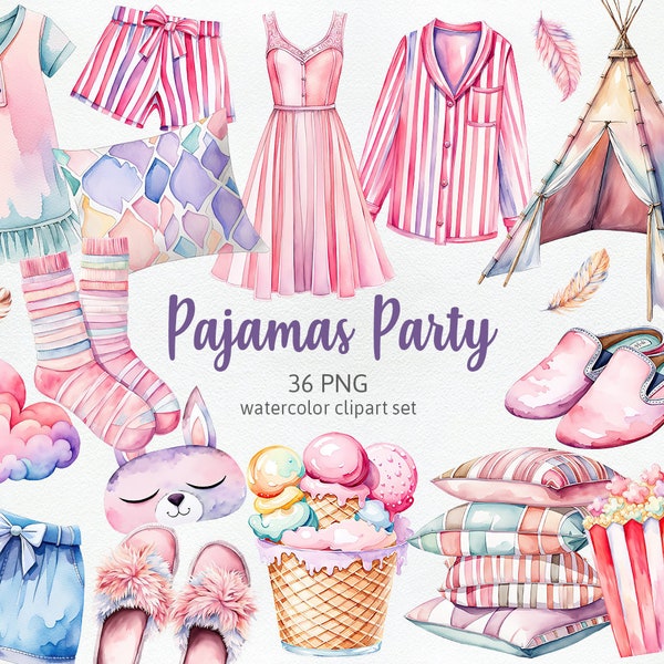 Watercolor Pajama Party, Slumber Party Clipart, Pajama Clipart, Slippers, Sleeping Mask, Pillows, Girls in Slippers, Popcorn Cliparts PNG