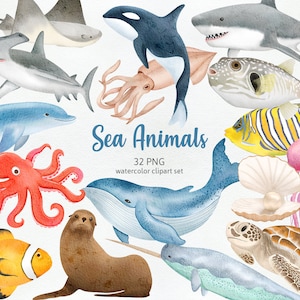 Animales marinos Mundo submarino Verano Peces náuticos Criaturas marinas bajo el mar Animales oceánicos dibujados a mano acuarela Cliparts PNG, uso comercial