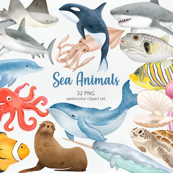 Sea Animals Undersea World Summer Nautical Fish Sea Creatures Under The Sea Ocean Animals Hand-drawn Watercolor Cliparts PNG, Commercial Use