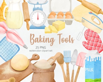Baking Supplies Watercolor Hand Painted Bakery Tools, Home Bakery Clipart, Wooden Metal kitchen Utensil Decoration, Deco Digital PNG Files