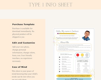 Type 1 Diabetes School Info Sheet, Child Medical Care Plan (Editable Canva Template)