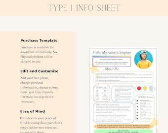 Type 1 diabetic info sheet. Class information for diabetic. Medical info sheet for caregiver.