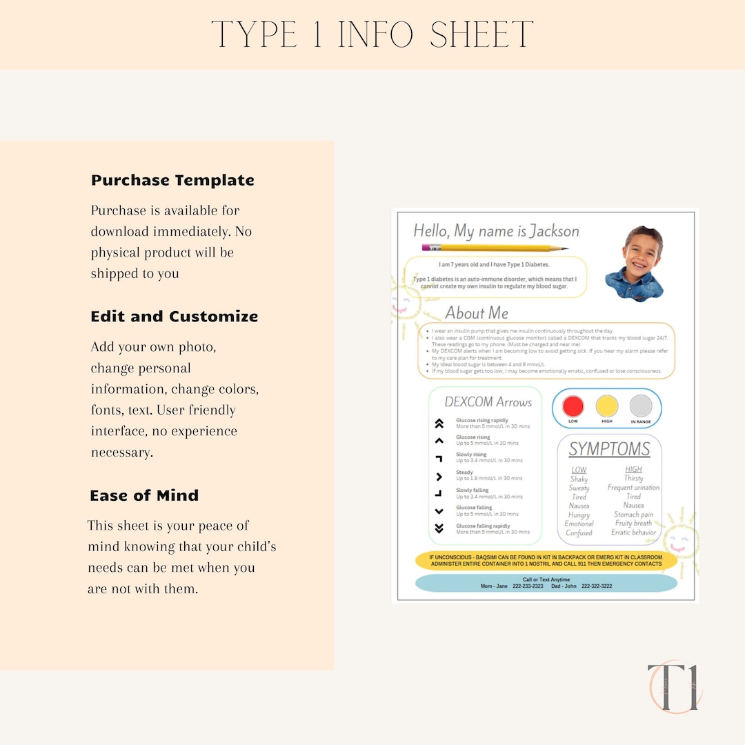 Type 1 Diabetes School Info Sheet, Child Medical Care Plan (editable ...