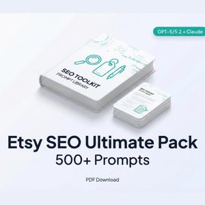Może przedstawiać: Biała książka zatytułowana "SEO TOOLKIT PROMPT LIBRARY" z ikoną lupy, etykiety i pióra. Mniejszy stos kart o tym samym tytule i ikonach znajduje się obok. Poniżej znajduje się tekst "Etsy SEO Ultimate Pack 500+ Prompts".