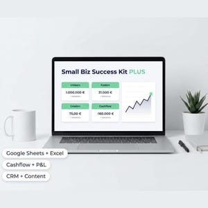 Könnte beinhalten: Ein Laptop mit der Benutzeroberfläche "Small Biz Success Kit PLUS", mit Finanzdaten und Diagrammen. Der Bildschirm zeigt die Kennzahlen "Umsatz", "Kosten", "Gewinn" und "Cashflow". Eine weiße Tasse und eine kleine Topfpflanze stehen auf dem Schreibtisch.