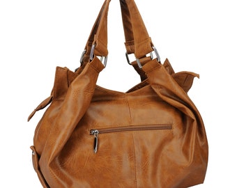 May include: A brown leather handbag with a zippered pocket on the back. The bag has two top handles and a slouchy design.