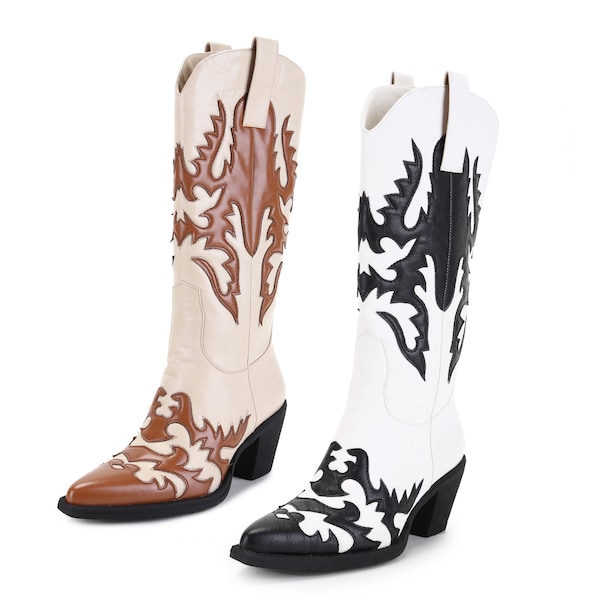 Women's Western Cowboy Knee-High Stich Patterns Pull-on Boots