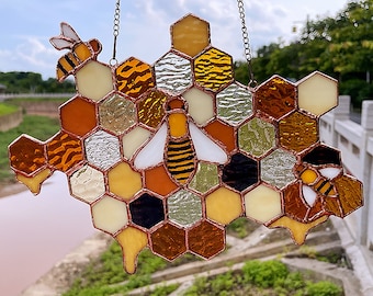 Stained Glass Honeycomb Bee Panel Sunflower Suncatcher Fall Decorations Home Window Wall Decor Nature Art