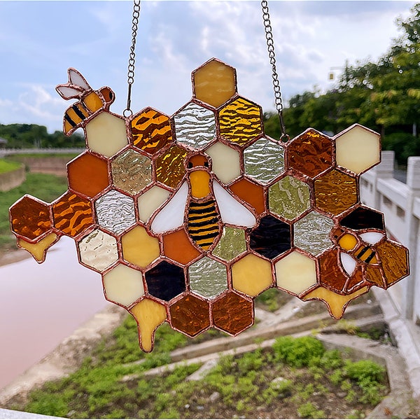 Stained Glass Honeycomb Bee Panel Sunflower Suncatcher Fall Decorations Home Window Wall Decor Nature Art