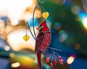 Red Parrot, Stained Glass Handmade, Art Glass Hanging, Home Decoration