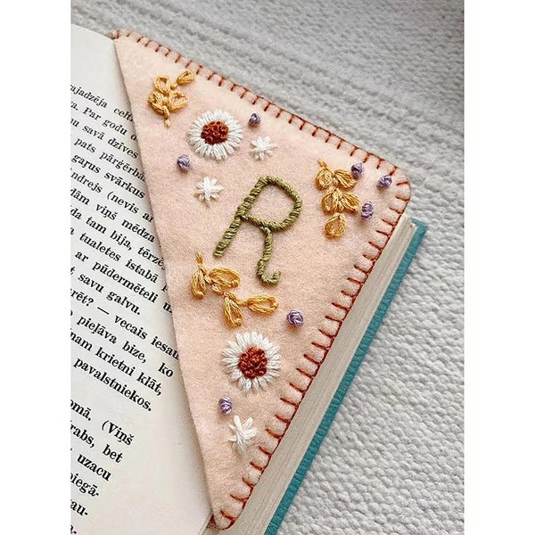 Personalized Hand Embroidered Felt Backing Corner Bookmark - 26 Letters and 4 Seasons - Felt Triangle Page Stitched Corner Bookmark