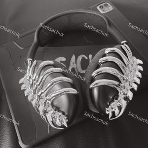 スパイン エアポッド マックス カバー 3D プリント、光沢のあるシルバー、アップル ヘッドフォン ケース、ヘッドフォン アタッチメント、サイバーパンク ゴス、「スパイン アタッチメントのみ」
