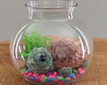 Mini stress free pet turtle, Handmade crochet turtle in a bowl, desk friend, no mess class pet, dorm decor