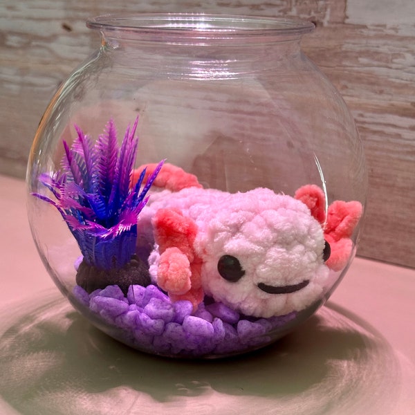 Stress free pet Axolotl, No maintenance fish bowl, no water aquarium pal, aquatic desk friend, no mess class pet, crochet axolotl in bowl