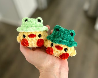 Tiny duck wearing a frog hat, Yellow duckie, Crochet duck with hat, Plush duckie with froggy hat