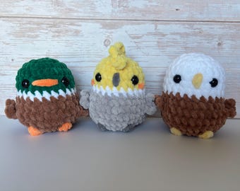 Crochet mallard duck, bald eagle, cockatiel, Handmade bird plushie, desk friend for bird lovers