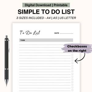 Simple To Do List Printable, To Do List Checkboxes on Right Side, Instant Digital Download, A4/A5/US Letter