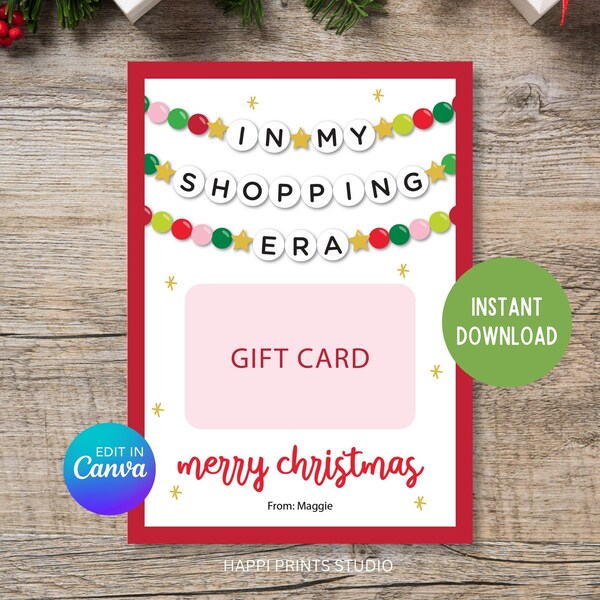 Editable Christmas Gift Card Holder, In My Shopping Era Friendship Bracelet Banner Christmas Gift Card Printable, 5x7 Gift Card Holder