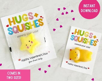 Squishy Valentine Classroom Exchange Card, Hugs and Squishes Tag, School Valentine Printable, Mochi Squishy Toy Favor, Non Candy Valentine